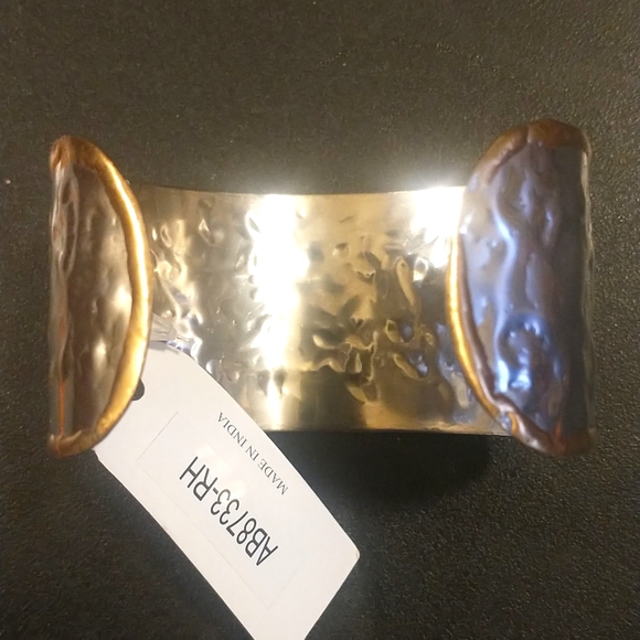 ICON Oversized Cuff Bracelet Metallic tooled metals w/ beaded accents BE STRONG! - Picture 8 of 9